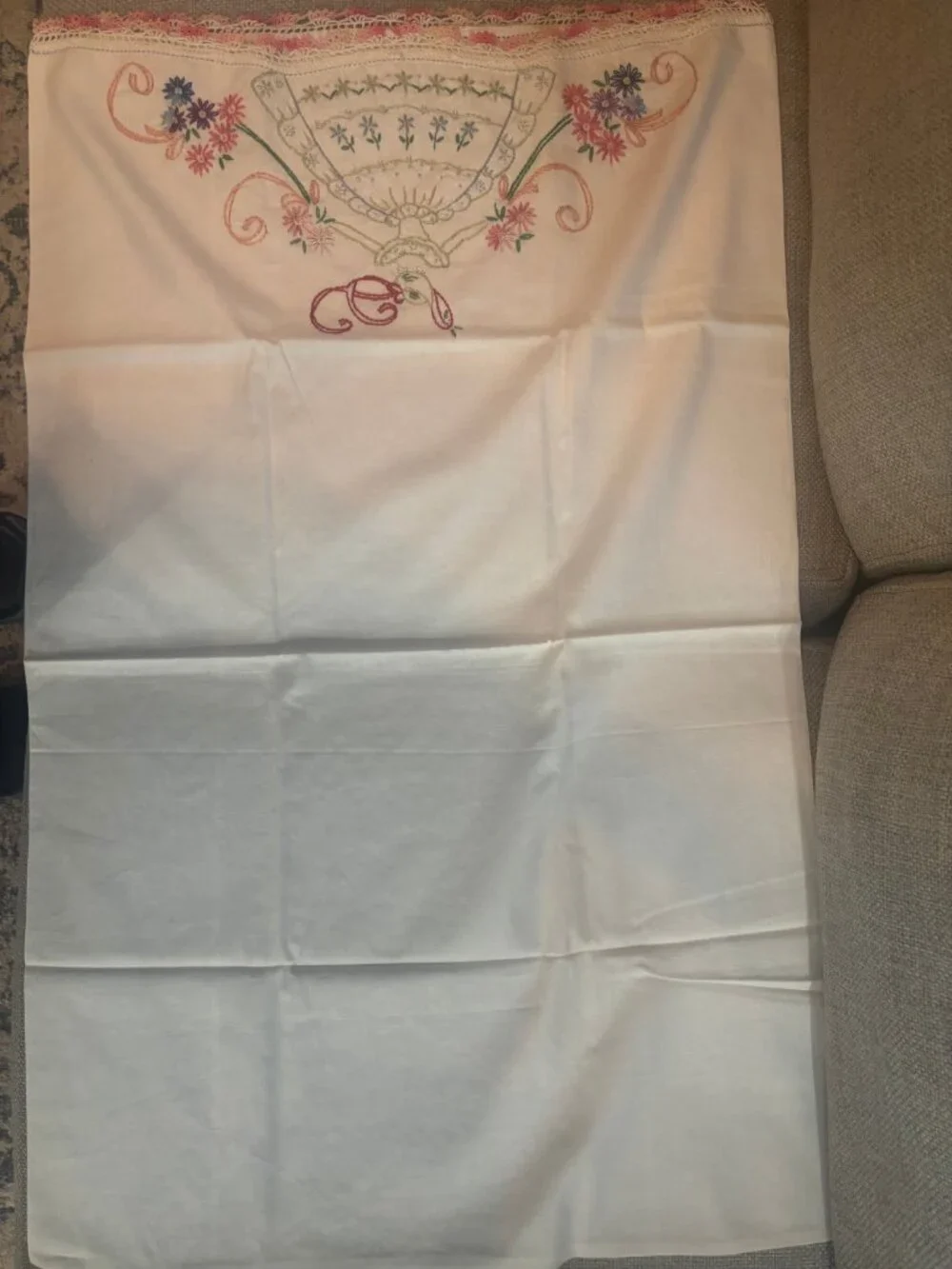Vintage Hand Embroidered Southern Belle Pillowcase - Crochet Lace Trim Floral